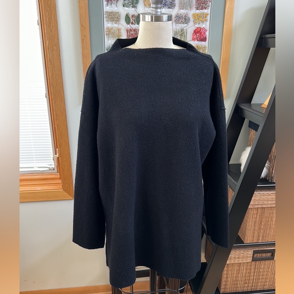 Eileen Fisher Boiled Wool Funnel Neck Boxy Tunic Black M